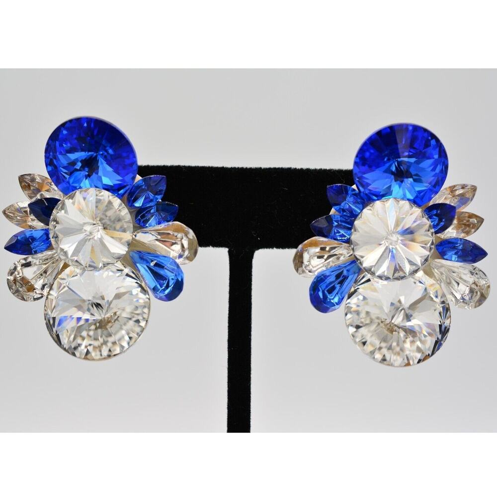 Vintage Crystal Earrings Blue Clear Chunky Rhinestone Sparkling 1990s BinAS